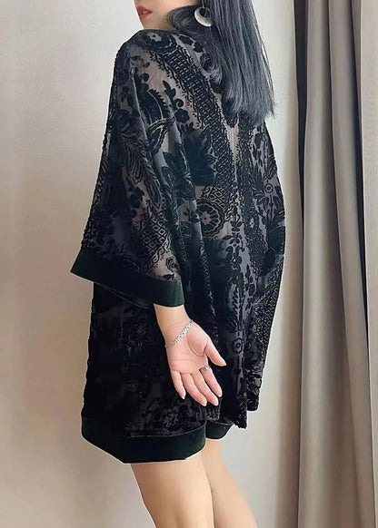 Loose Black Chinese Button Patchwork Tops And Shorts Velour Two Pieces Set Bracelet Sleeve Ada Fashion