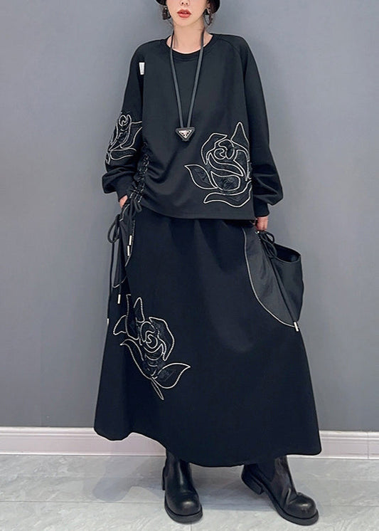 Loose Black Drawstring Pockets Patchwork Cotton Two Pieces Set Fall Ada Fashion