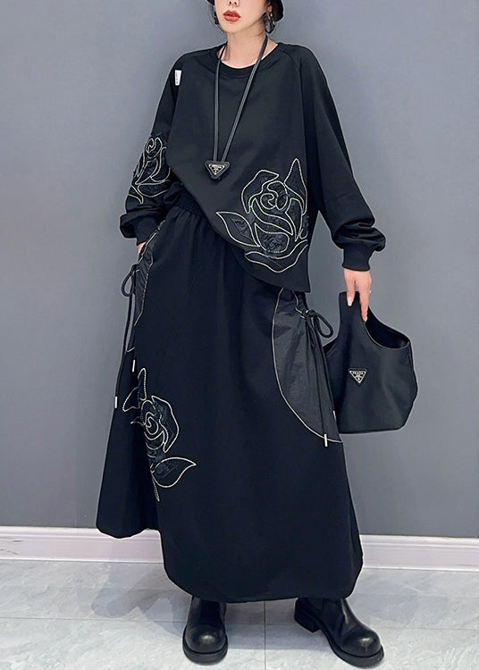 Loose Black Drawstring Pockets Patchwork Cotton Two Pieces Set Fall Ada Fashion