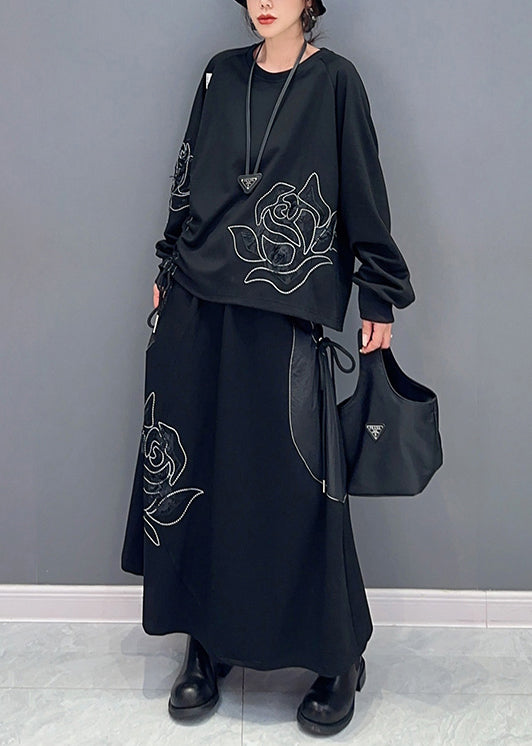 Loose Black Drawstring Pockets Patchwork Cotton Two Pieces Set Fall Ada Fashion