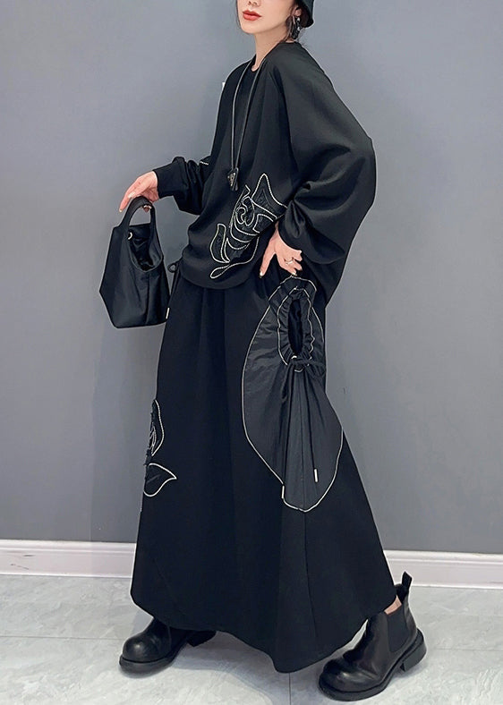 Loose Black Drawstring Pockets Patchwork Cotton Two Pieces Set Fall Ada Fashion