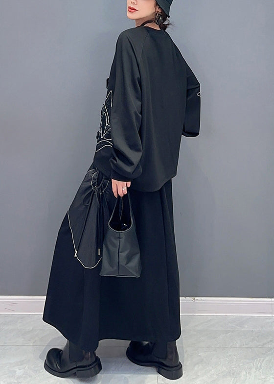 Loose Black Drawstring Pockets Patchwork Cotton Two Pieces Set Fall Ada Fashion