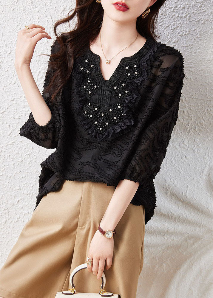 Loose Black Embroideried Nail Bead Patchwork Chiffon Shirt Tops Summer Ada Fashion