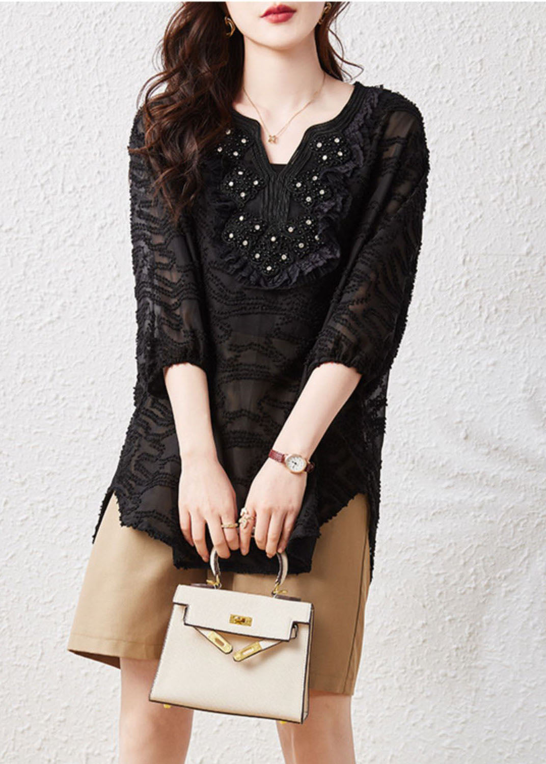 Loose Black Embroideried Nail Bead Patchwork Chiffon Shirt Tops Summer Ada Fashion