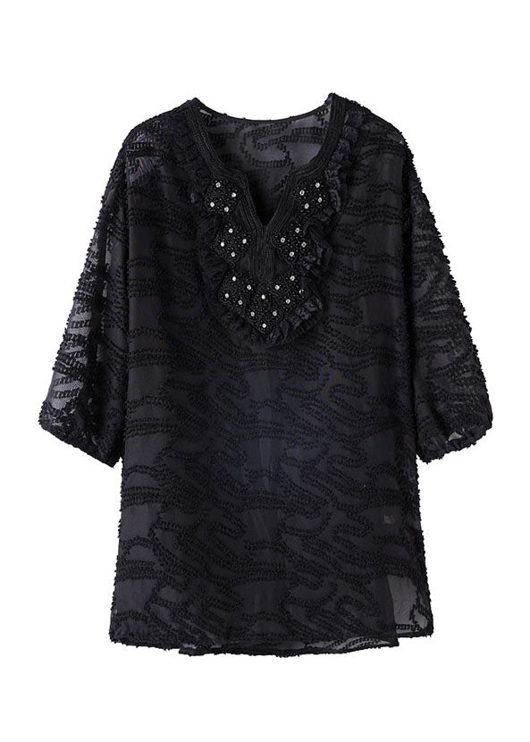 Loose Black Embroideried Nail Bead Patchwork Chiffon Shirt Tops Summer Ada Fashion