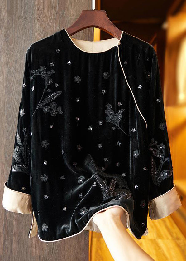 Loose Black Embroideried Side Open  Silk Velour Top Fall Ada Fashion