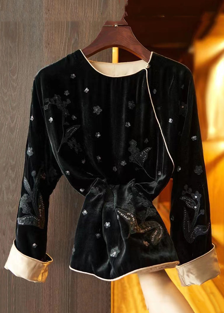 Loose Black Embroideried Side Open  Silk Velour Top Fall Ada Fashion