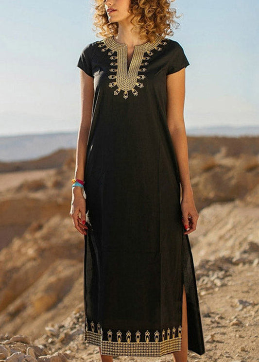 Loose Black Embroideried Side Open Vacation Long Dresses Short Sleeve LY3028 - fabuloryshop