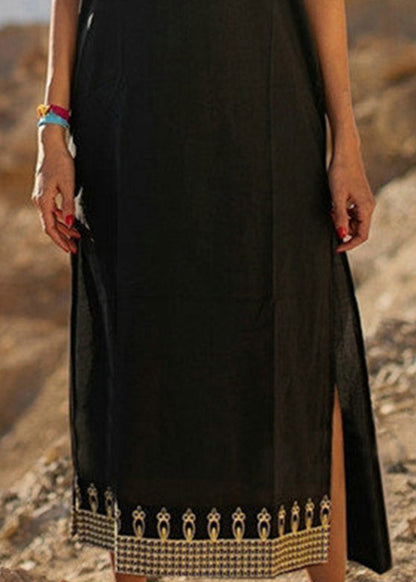 Loose Black Embroideried Side Open Vacation Long Dresses Short Sleeve LY3028 - fabuloryshop