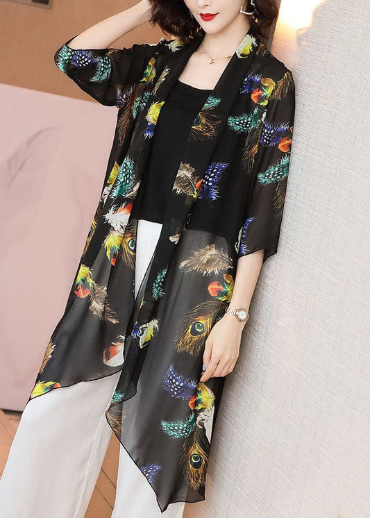 Loose Black Feather Print Patchwork Chiffon Cardigan Summer TP1019 - fabuloryshop