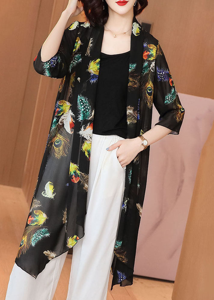 Loose Black Feather Print Patchwork Chiffon Cardigan Summer TP1019 - fabuloryshop