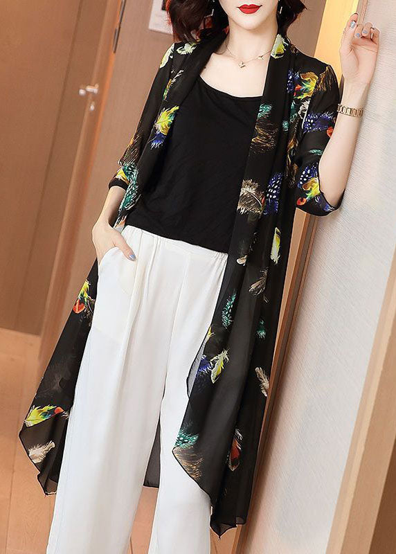 Loose Black Feather Print Patchwork Chiffon Cardigan Summer TP1019 - fabuloryshop