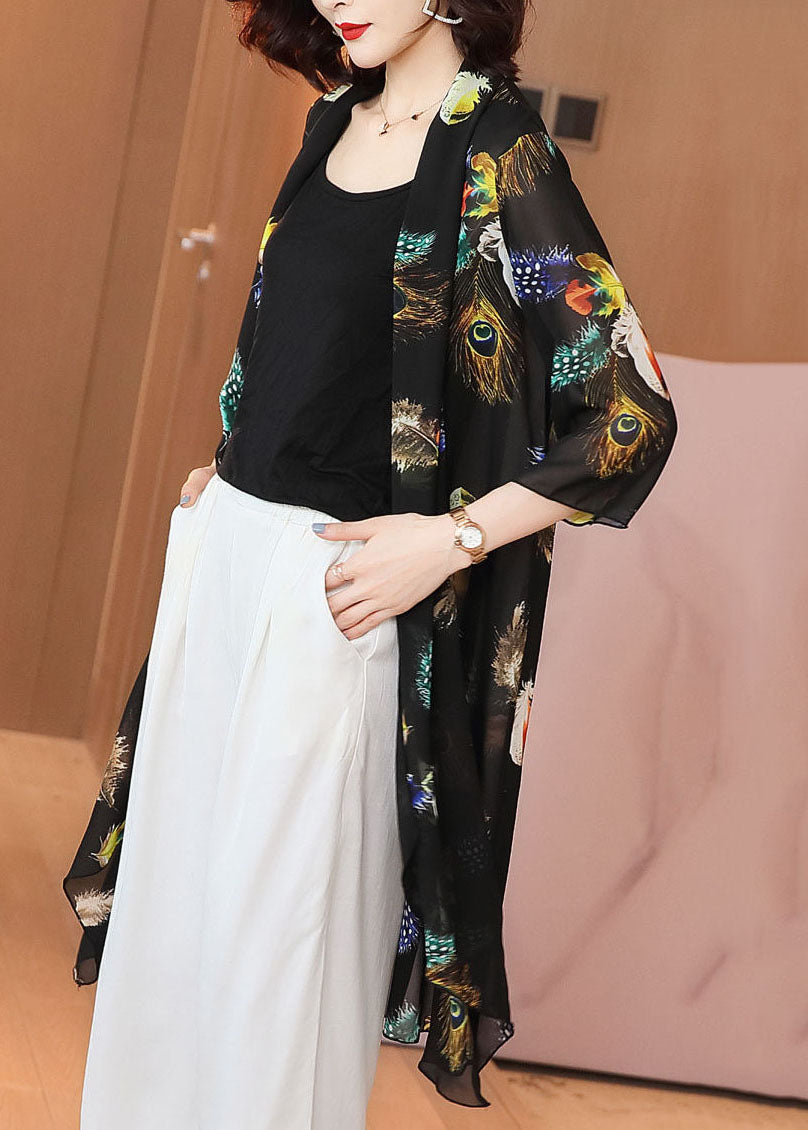 Loose Black Feather Print Patchwork Chiffon Cardigan Summer TP1019 - fabuloryshop