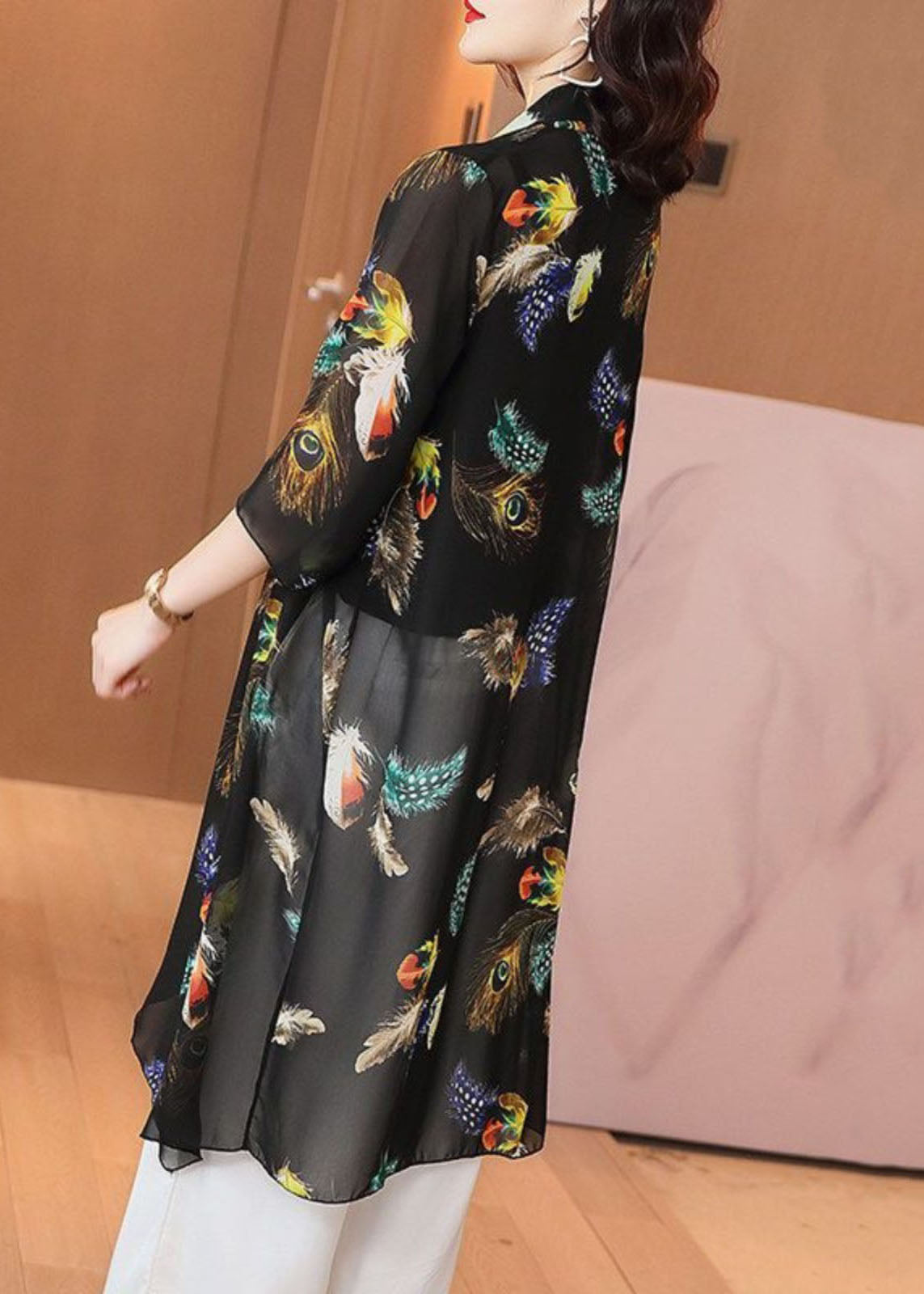 Loose Black Feather Print Patchwork Chiffon Cardigan Summer TP1019 - fabuloryshop