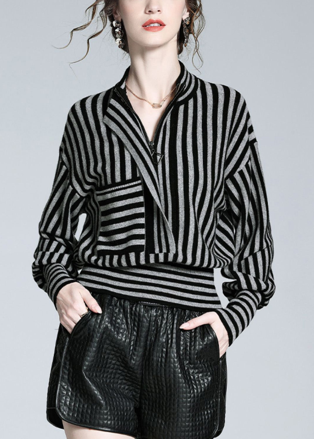 Loose Black Grey Striped Button Woolen Shirts Long Sleeve LY0717