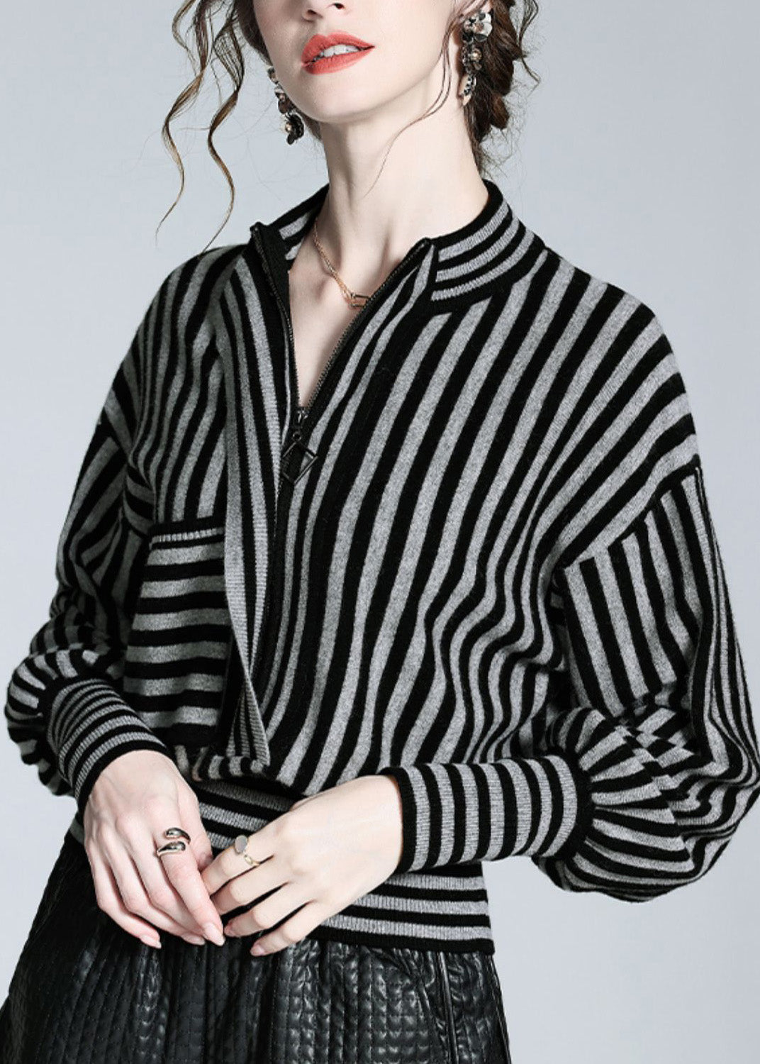 Loose Black Grey Striped Button Woolen Shirts Long Sleeve LY0717 - fabuloryshop