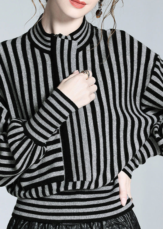 Loose Black Grey Striped Button Woolen Shirts Long Sleeve LY0717 - fabuloryshop