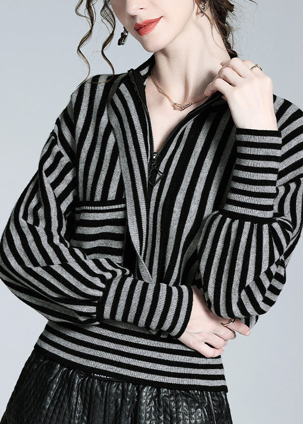 Loose Black Grey Striped Button Woolen Shirts Long Sleeve LY0717 - fabuloryshop