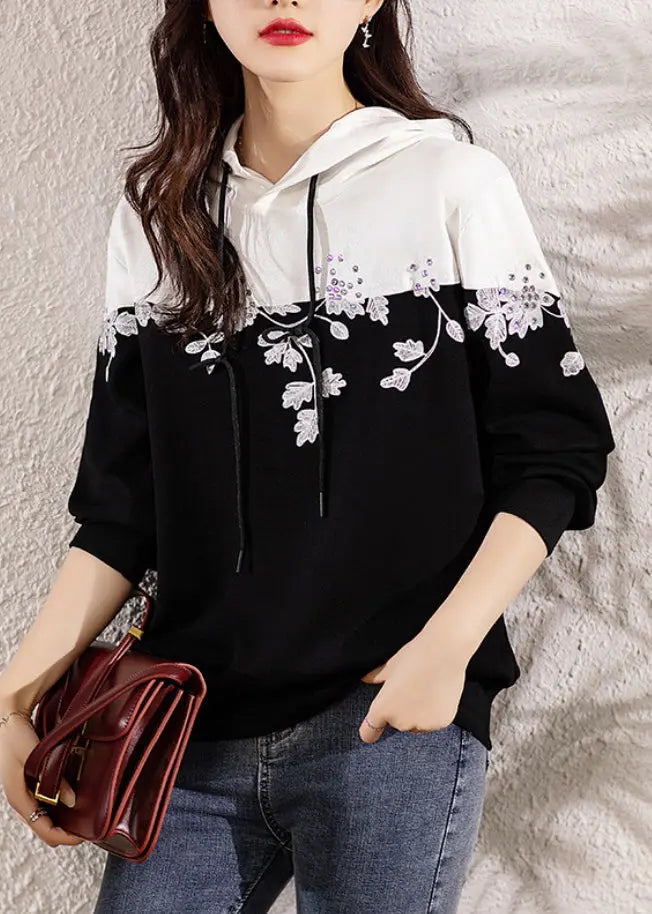 Loose Black Hooded Embroideried Patchwork Cotton Top Long Sleeve Ada Fashion