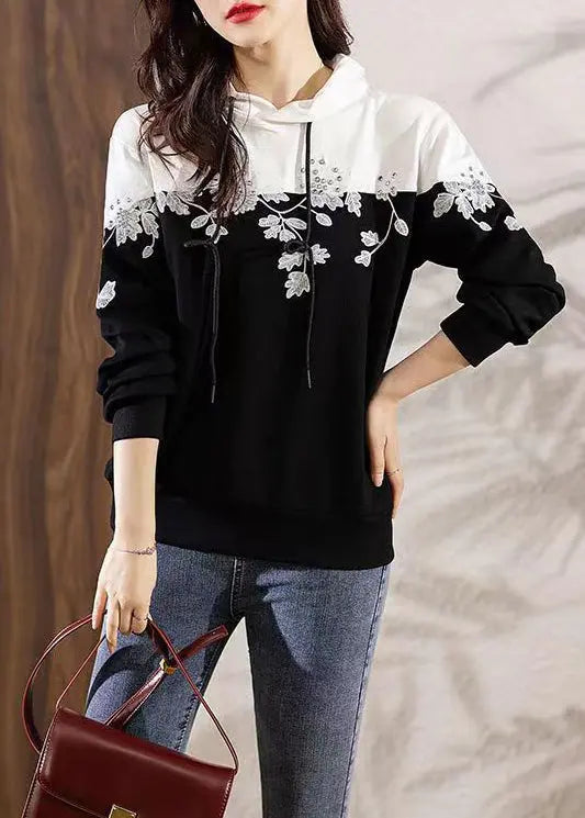 Loose Black Hooded Embroideried Patchwork Cotton Top Long Sleeve Ada Fashion