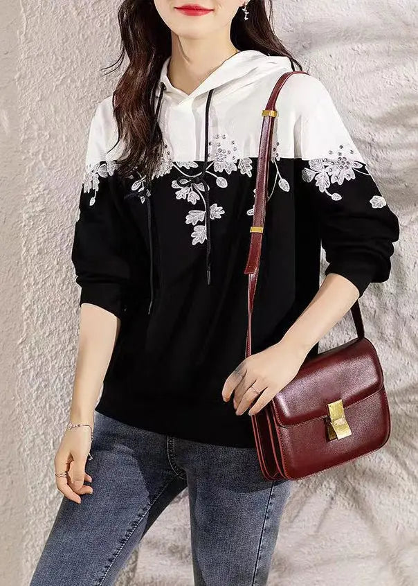 Loose Black Hooded Embroideried Patchwork Cotton Top Long Sleeve Ada Fashion