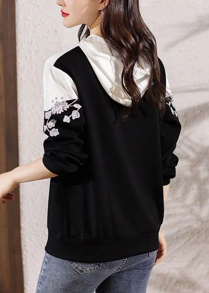 Loose Black Hooded Embroideried Patchwork Cotton Top Long Sleeve Ada Fashion