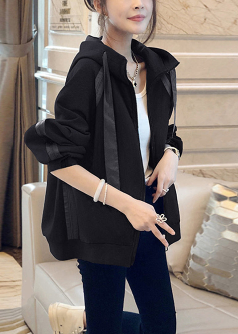 Loose Black Hooded Lace Up Patchwork Cotton Coat Fall LY9618 Ada Fashion