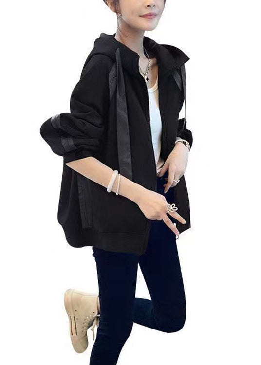 Loose Black Hooded Lace Up Patchwork Cotton Coat Fall LY9618 Ada Fashion