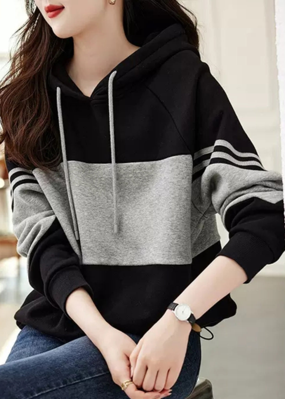 Loose Black Hooded Patchwork Cotton Sweatshirt Tops Fall Ada Fashion