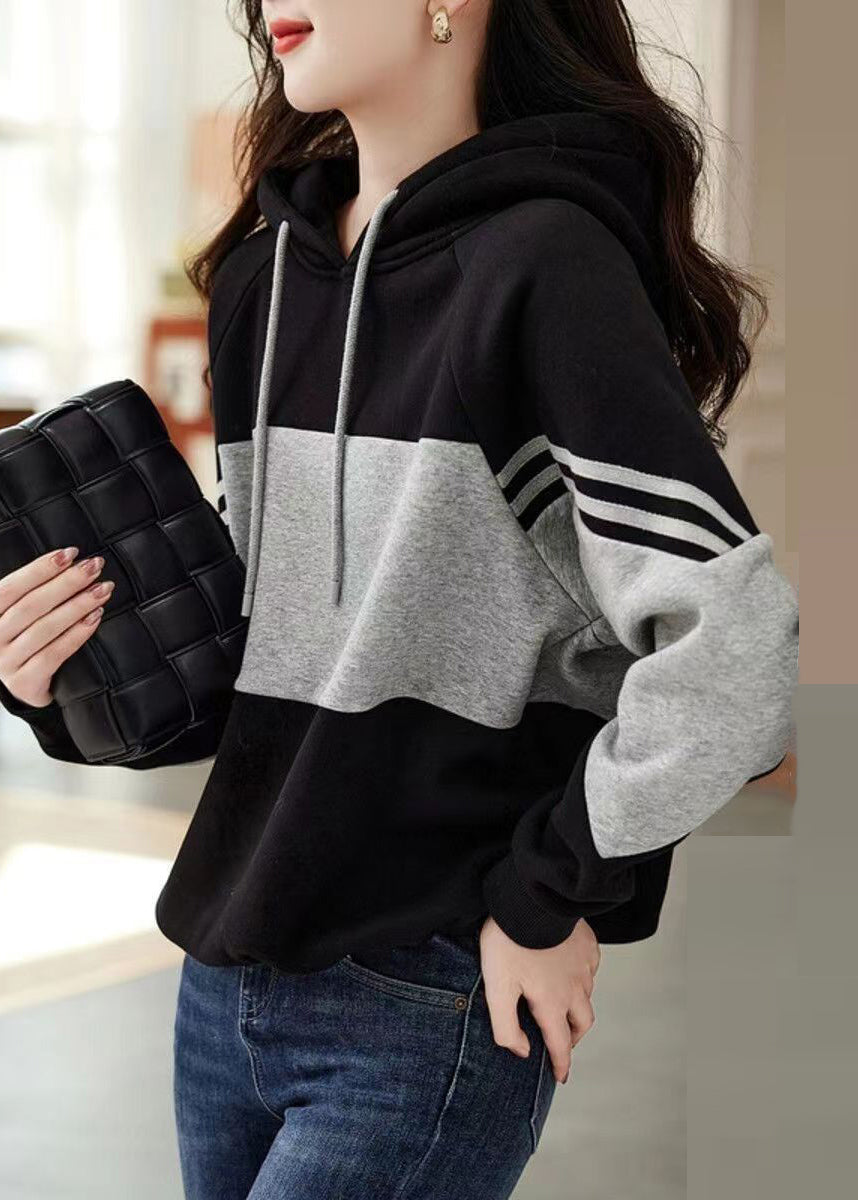 Loose Black Hooded Patchwork Cotton Sweatshirt Tops Fall Ada Fashion