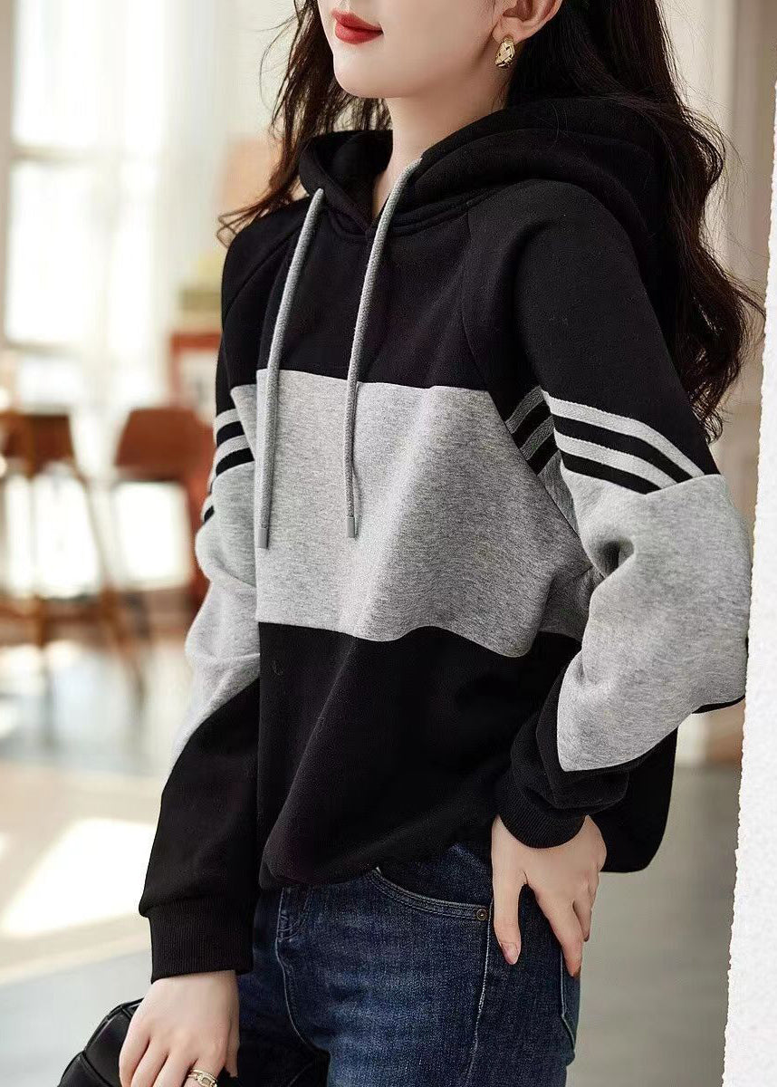 Loose Black Hooded Patchwork Cotton Sweatshirt Tops Fall Ada Fashion