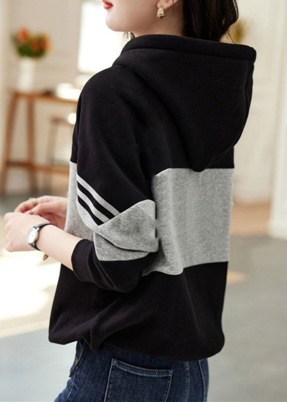 Loose Black Hooded Patchwork Cotton Sweatshirt Tops Fall Ada Fashion