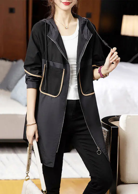 Loose Black Hooded Pockets Patchwork Cotton Trench Coat Long Sleeve Ada Fashion