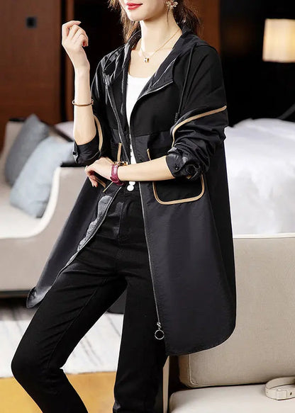 Loose Black Hooded Pockets Patchwork Cotton Trench Coat Long Sleeve Ada Fashion