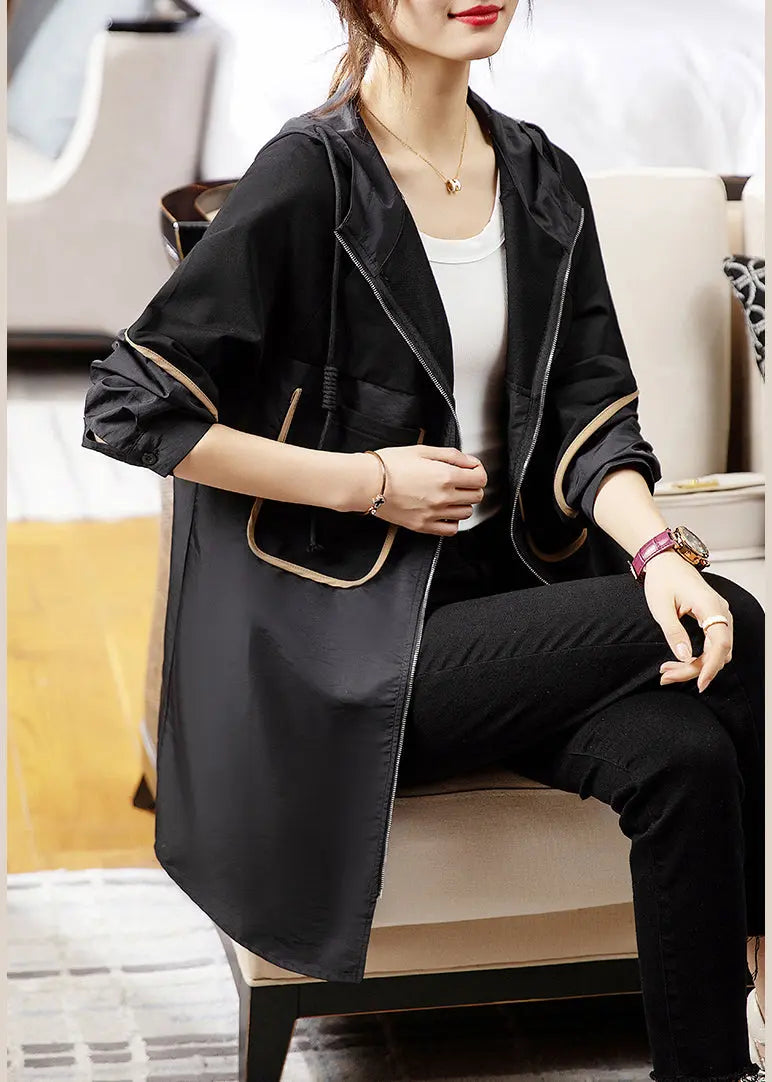 Loose Black Hooded Pockets Patchwork Cotton Trench Coat Long Sleeve Ada Fashion