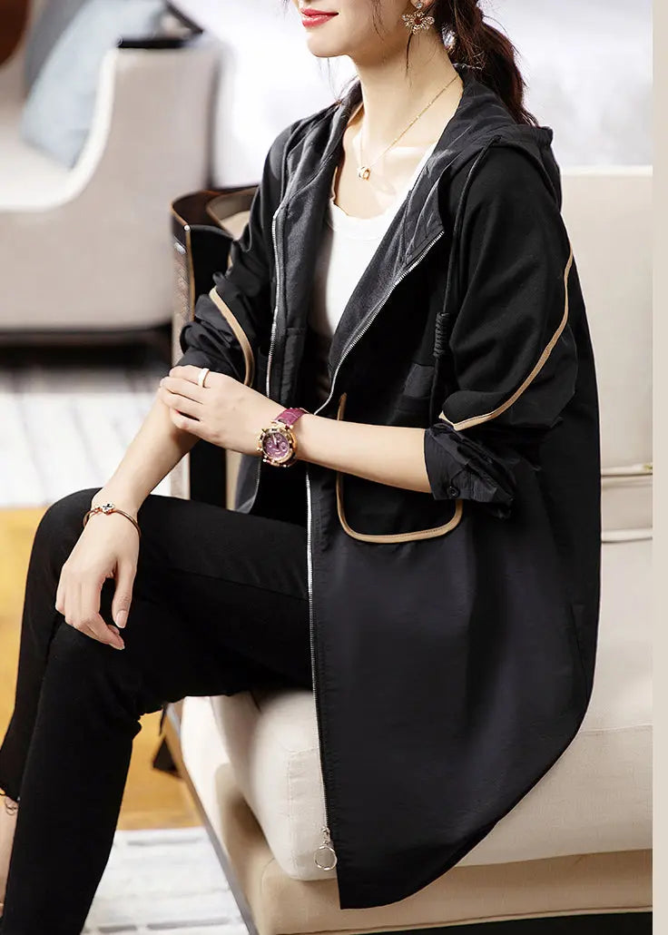 Loose Black Hooded Pockets Patchwork Cotton Trench Coat Long Sleeve Ada Fashion