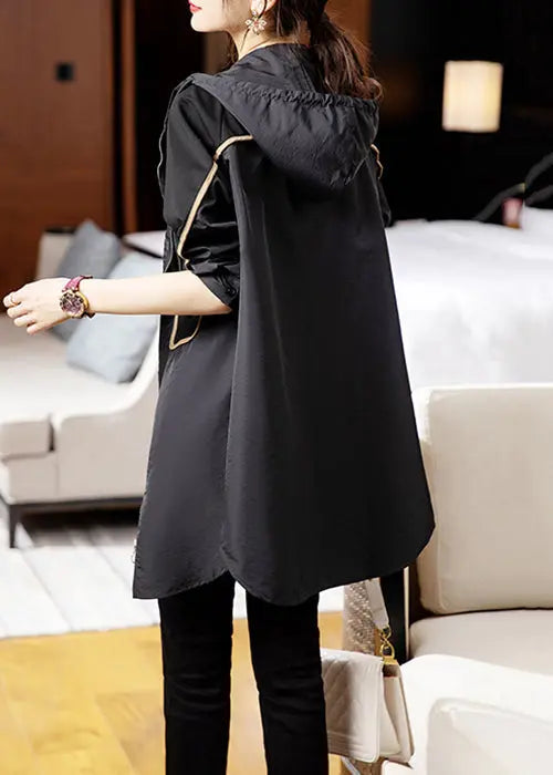 Loose Black Hooded Pockets Patchwork Cotton Trench Coat Long Sleeve Ada Fashion