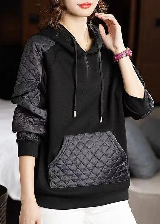 Loose Black Hooded Pockets Patchwork Thick Sweatshirts Fall Ada Fashion