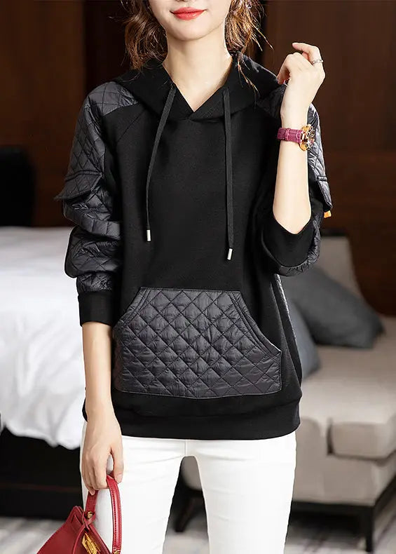 Loose Black Hooded Pockets Patchwork Thick Sweatshirts Fall Ada Fashion