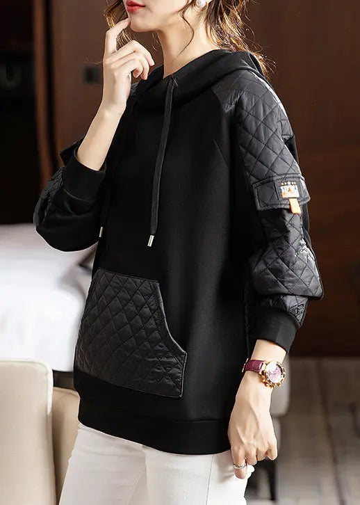 Loose Black Hooded Pockets Patchwork Thick Sweatshirts Fall Ada Fashion