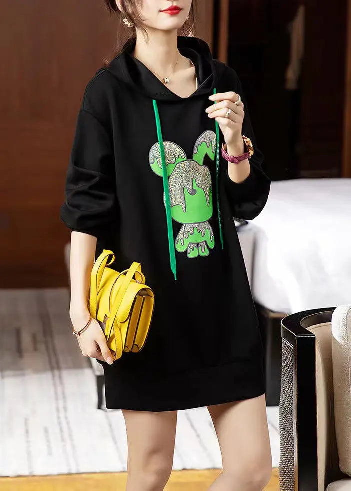 Loose Black Hooded Print Patchwork Cotton Dresses Fall Ada Fashion