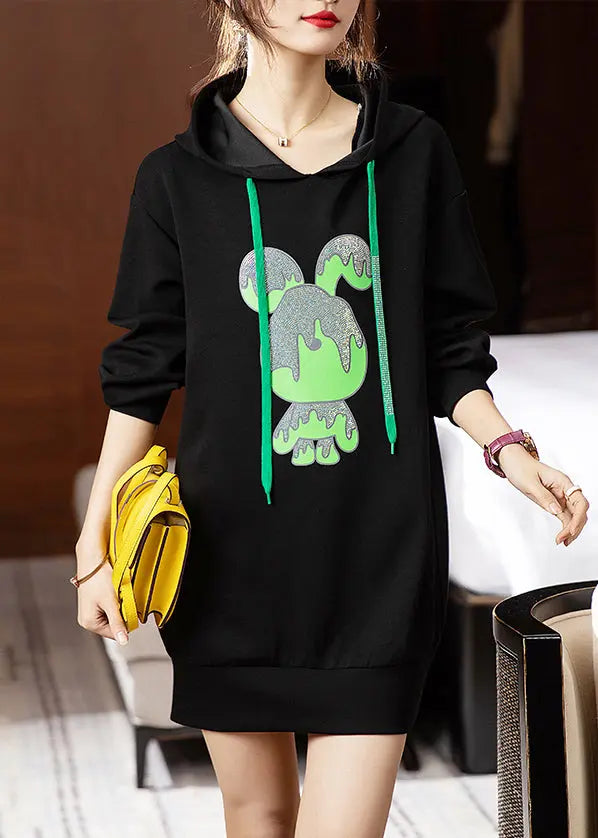 Loose Black Hooded Print Patchwork Cotton Dresses Fall Ada Fashion