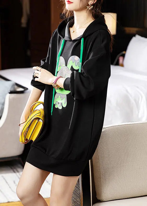 Loose Black Hooded Print Patchwork Cotton Dresses Fall Ada Fashion