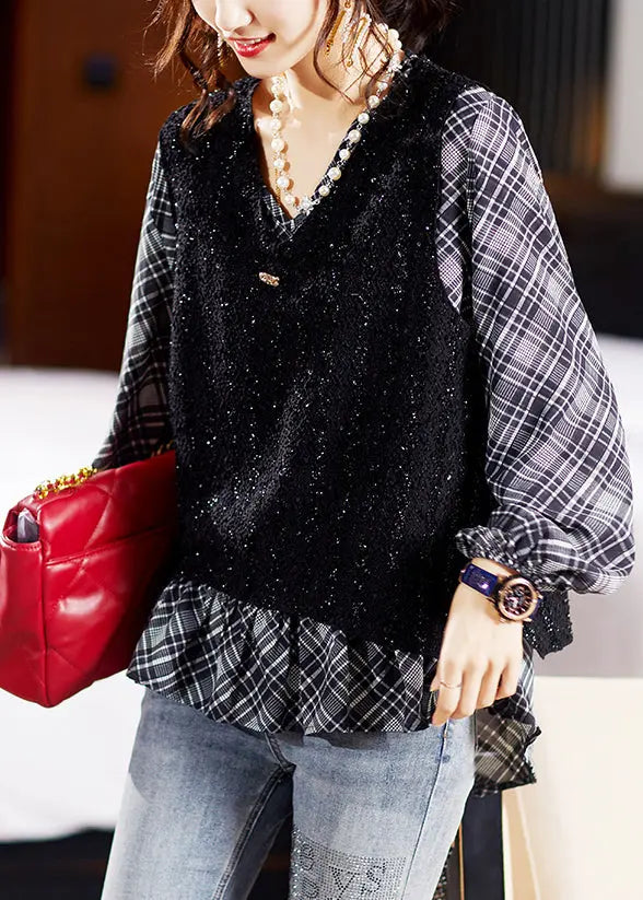 Loose Black Low High Design Patchwork False Two Pieces Top Fall Ada Fashion