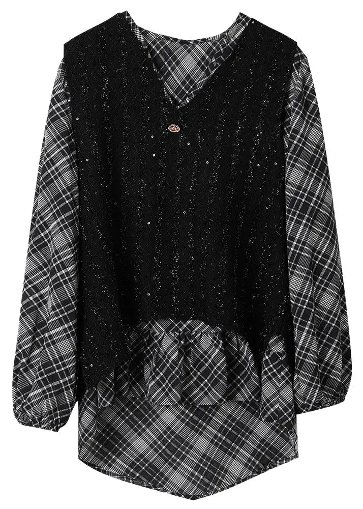 Loose Black Low High Design Patchwork False Two Pieces Top Fall Ada Fashion