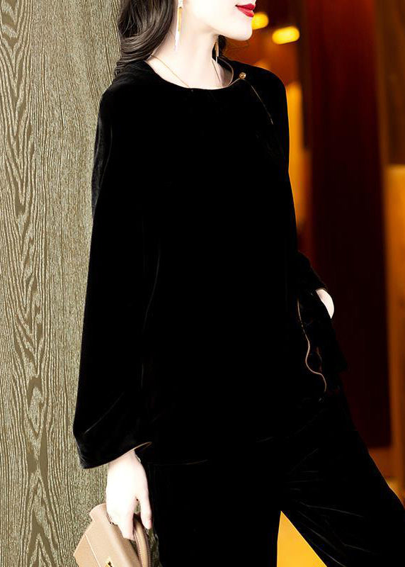 Loose Black O Neck Button Patchwork Velour Tops Fall Ada Fashion