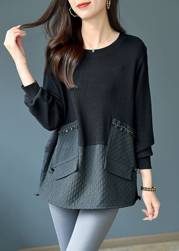 Loose Black O Neck Drawstring Knit Patchwork Top Fall Ada Fashion