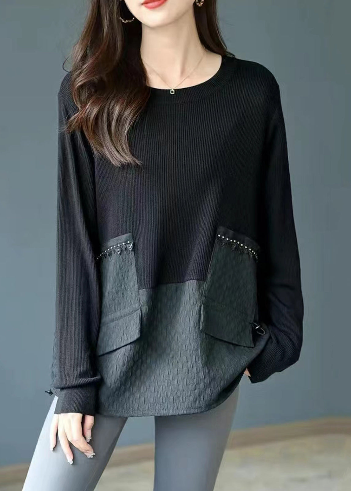 Loose Black O Neck Drawstring Knit Patchwork Top Fall Ada Fashion