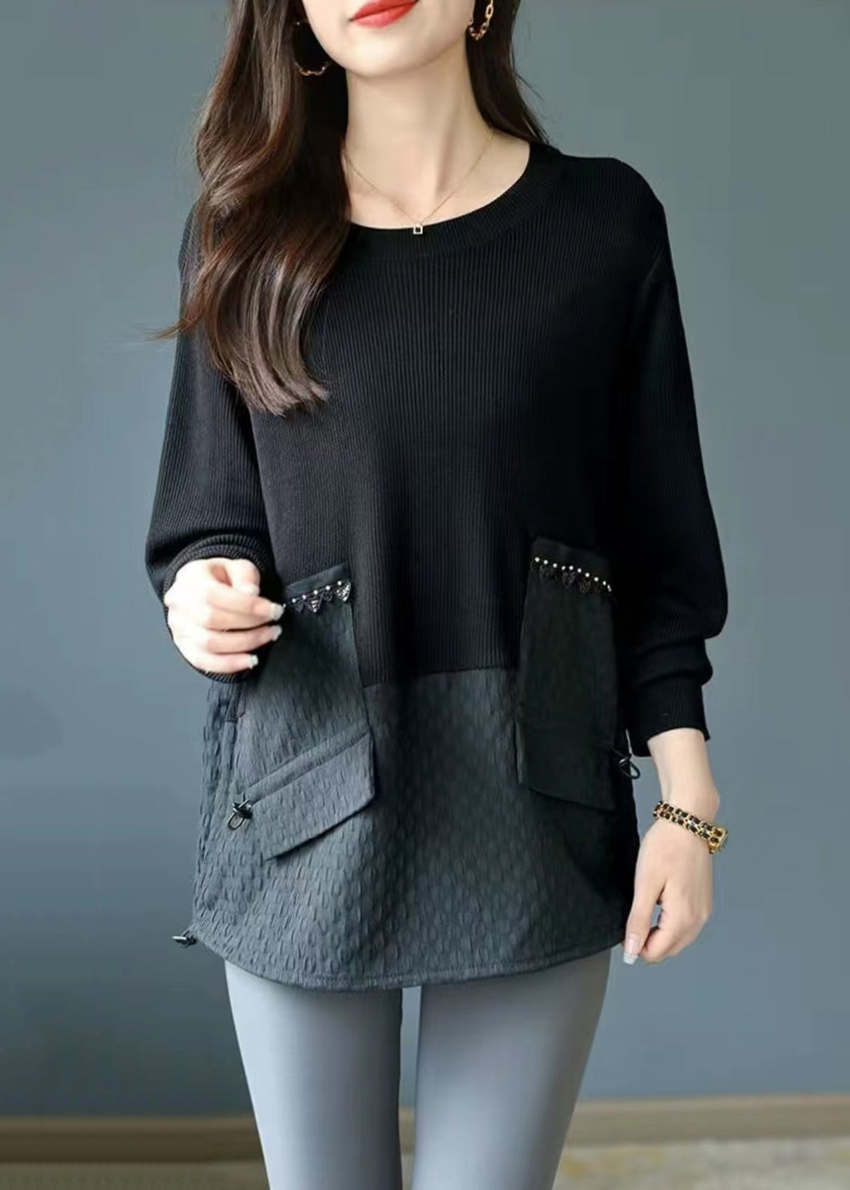 Loose Black O Neck Drawstring Knit Patchwork Top Fall Ada Fashion