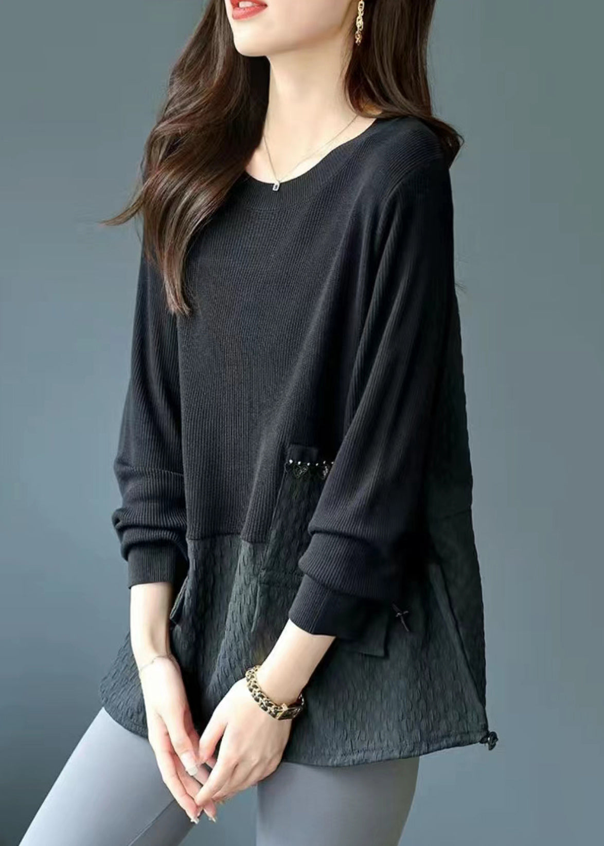 Loose Black O Neck Drawstring Knit Patchwork Top Fall Ada Fashion